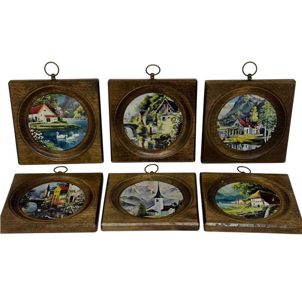 VTG Japan Wall Art Set Landscape Wood Frame Miniature Cottage Scene Brown 6pc